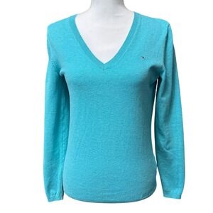 Tommy Hilfiger V-Neck Pima Cotton Blend Sweater Small Blue Excellent Preppy Logo